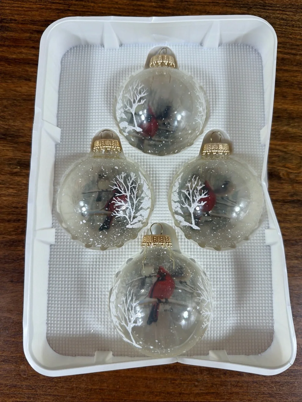 Clear Glass Holiday Ornaments with Red Cardinal and White Tree – Set of 4